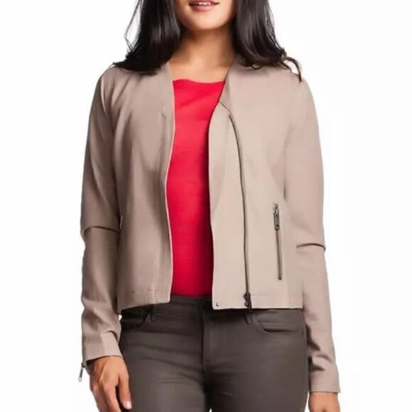 Joie Kellyn Opal Leather Taupe Cream Jacket  Zipper Size M - Picture 8 of 15